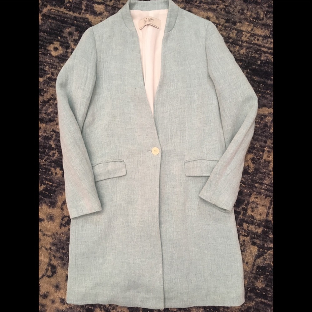 Zara Basic Outerwear Fall Blue Linen Pea Coat - image 3